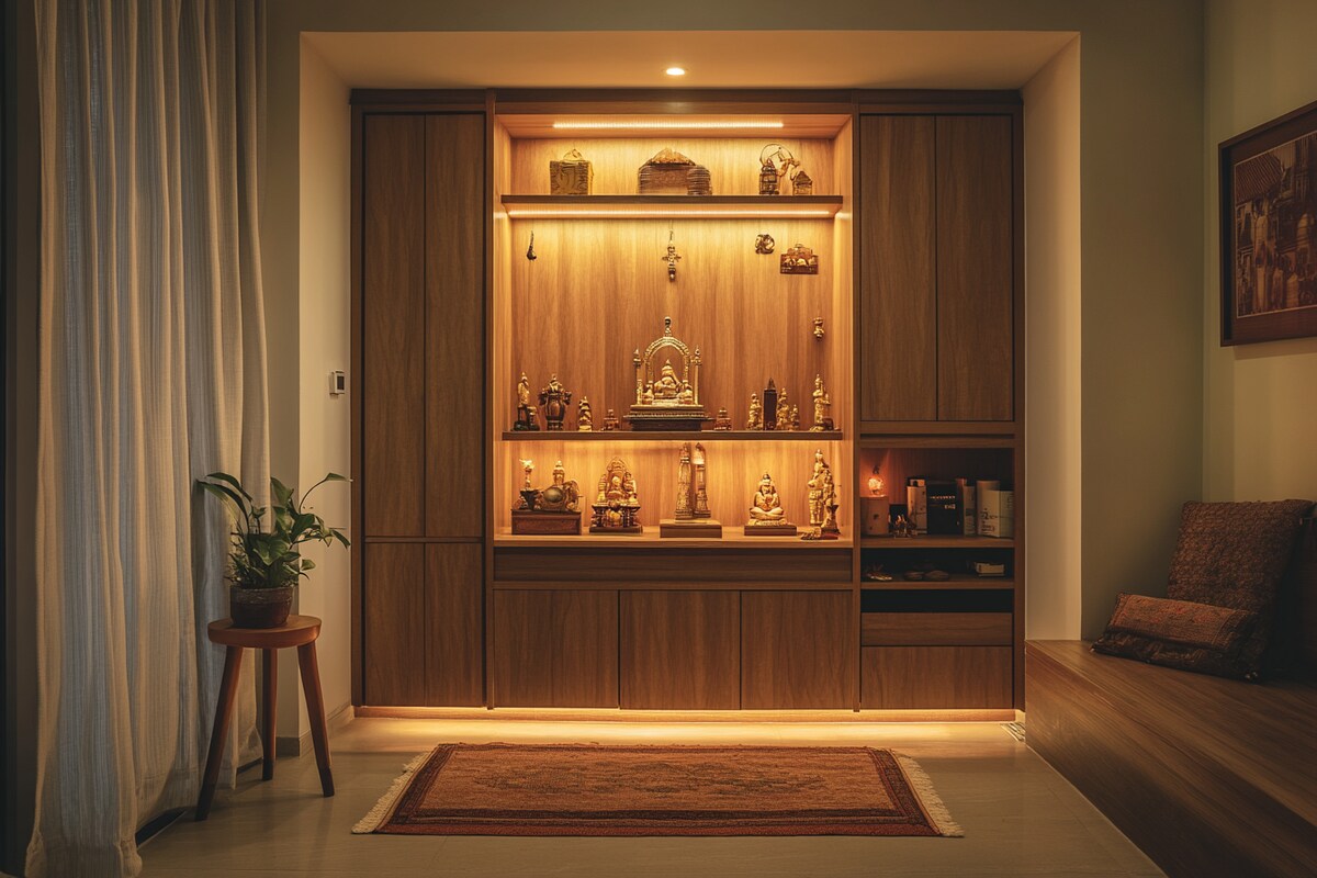 Modern Pooja Room Design with Storage and Soft Lighting